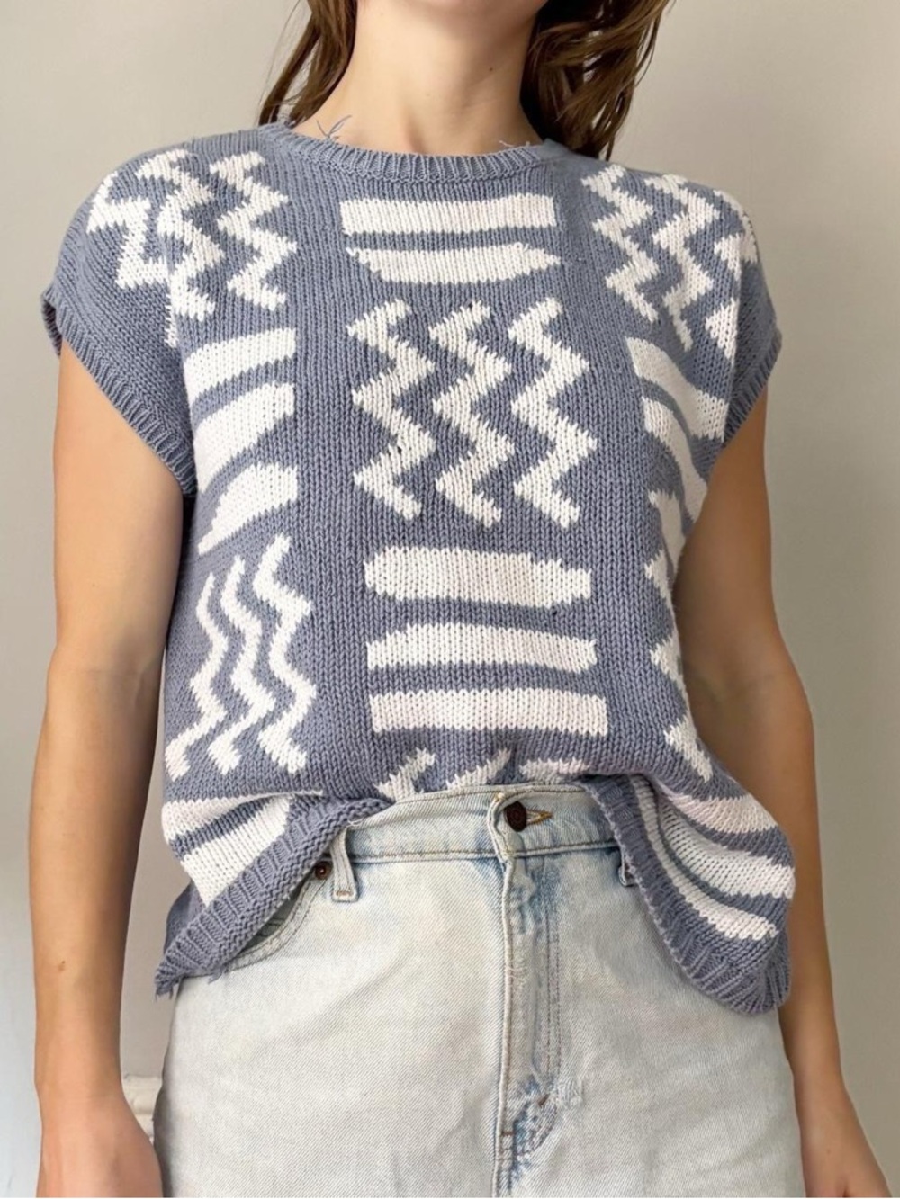 Vintage 80s cottagecore pastel geometric sweater vest knit top